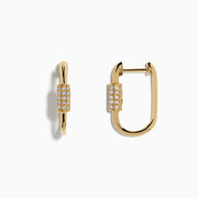 A pair of 14K Yellow Gold Diamond Hoop Earrings featuring a rectangular section with sparkling white stones, shown against a plain white background.