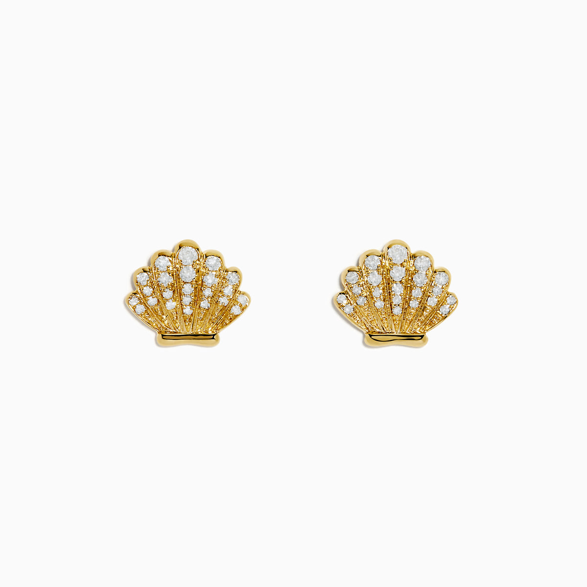 The Seaside 14K Yellow Gold Diamond Seashell Earrings feature rows of sparkling diamonds set in a seashell design, shown on a plain white background.
