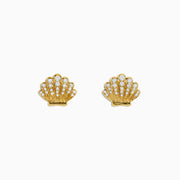The Seaside 14K Yellow Gold Diamond Seashell Earrings feature rows of sparkling diamonds set in a seashell design, shown on a plain white background.