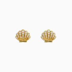 The Seaside 14K Yellow Gold Diamond Seashell Earrings feature rows of sparkling diamonds set in a seashell design, shown on a plain white background.