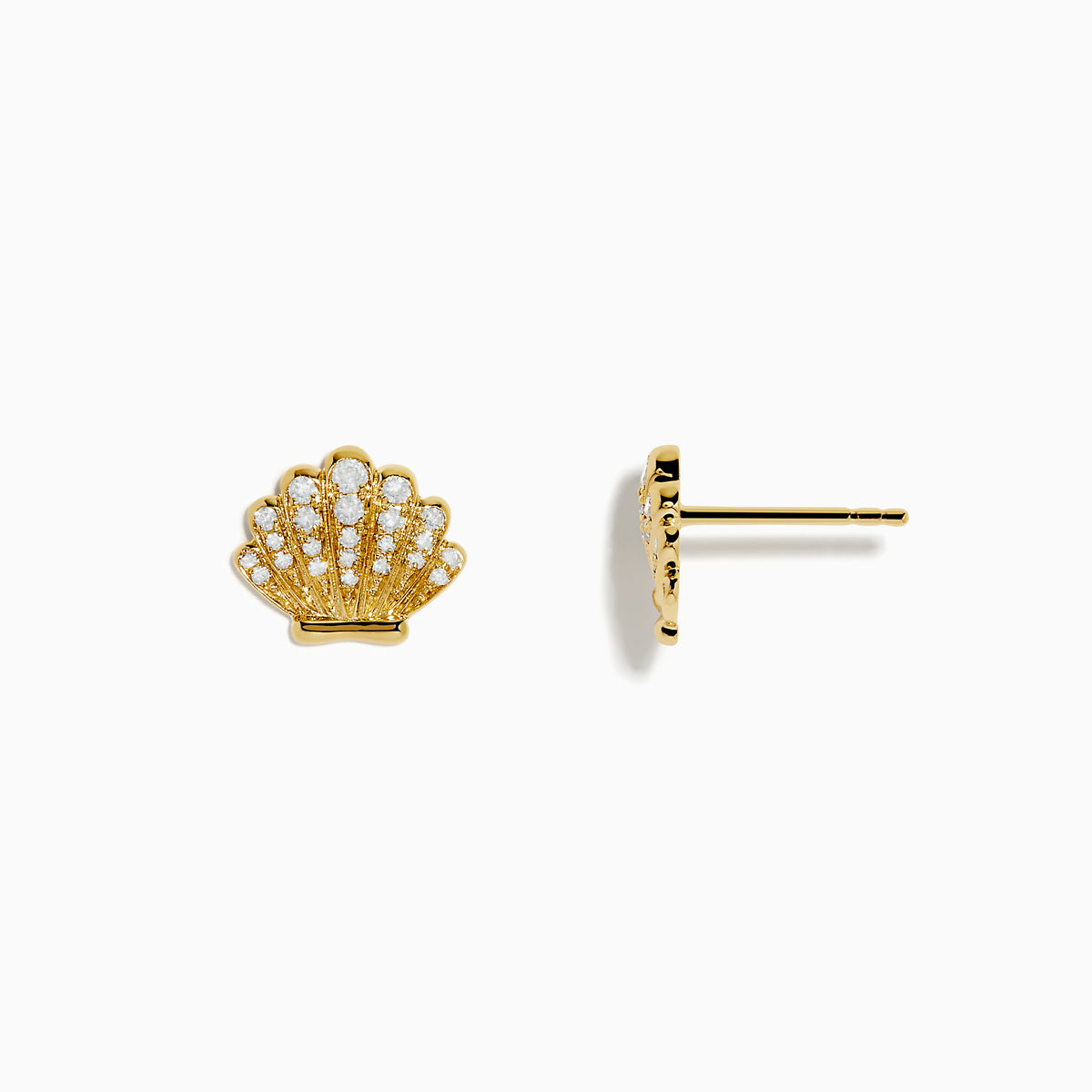 The Seaside 14K Yellow Gold Diamond Seashell Earrings feature rows of sparkling diamonds set in a seashell design, shown on a plain white background.