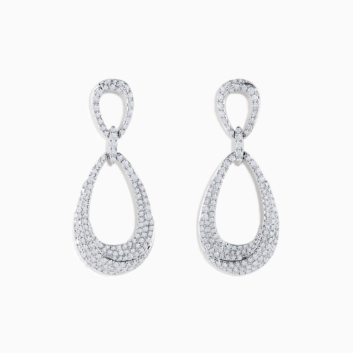 The Pave Classica 14K White Gold Diamond Earrings feature two teardrop loops, both set with sparkling pavé diamonds, shown against a white background.