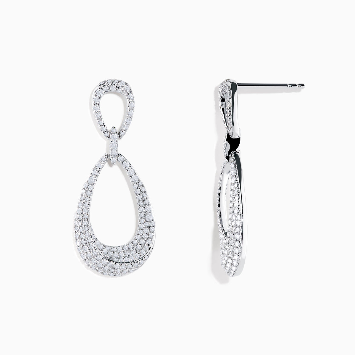The Pave Classica 14K White Gold Diamond Earrings feature two teardrop loops, both set with sparkling pavé diamonds, shown against a white background.