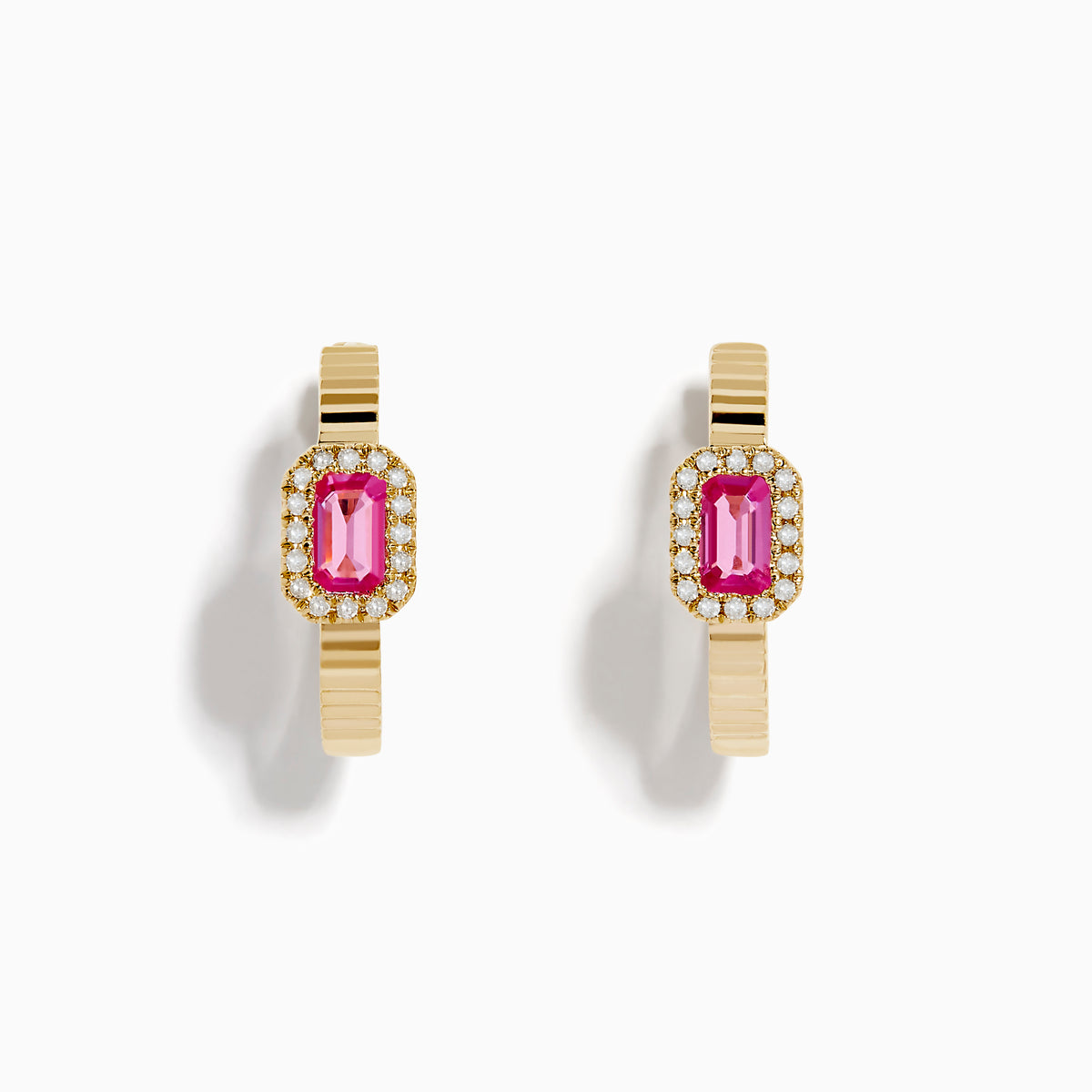The 14K Yellow Gold Pink Sapphire and Diamond Hoop Earrings feature a rectangular pink sapphire framed by diamonds, crafted in yellow gold and displayed on a plain white background.