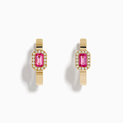 The 14K Yellow Gold Pink Sapphire and Diamond Hoop Earrings feature a rectangular pink sapphire framed by diamonds, crafted in yellow gold and displayed on a plain white background.
