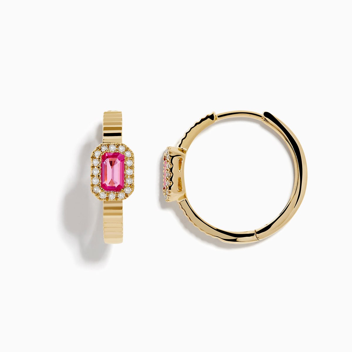 The 14K Yellow Gold Pink Sapphire and Diamond Hoop Earrings feature a rectangular pink sapphire framed by diamonds, crafted in yellow gold and displayed on a plain white background.