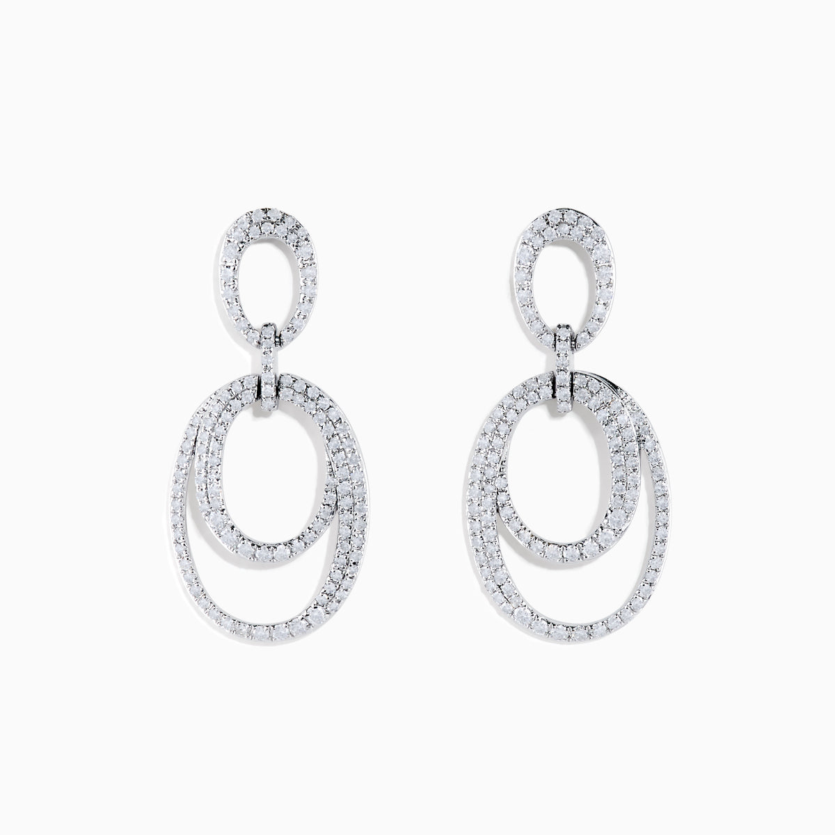 The Pave Classica 14K White Gold Diamond Earrings feature three interlocking oval hoops set with sparkling white diamonds, elegantly crafted in 14K white gold and displayed against a plain white background.