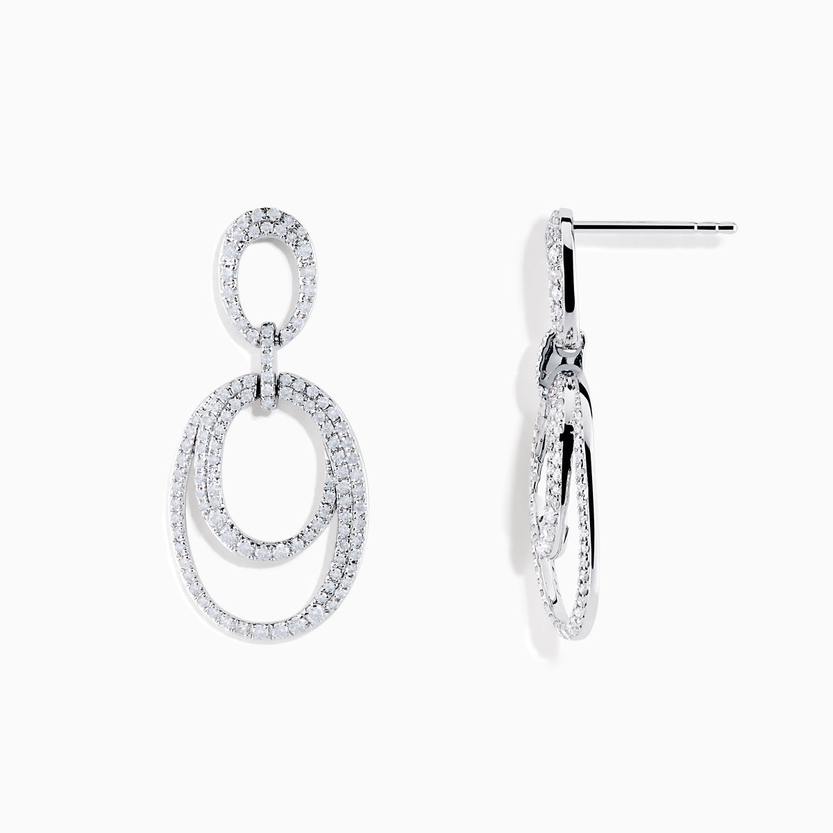 The Pave Classica 14K White Gold Diamond Earrings feature three interlocking oval hoops set with sparkling white diamonds, elegantly crafted in 14K white gold and displayed against a plain white background.