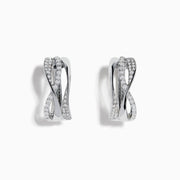 A pair of 925 Silver Diamond Crossover Hoop Earrings featuring an intertwined, twisted design with sparkling diamonds, set against a white background.