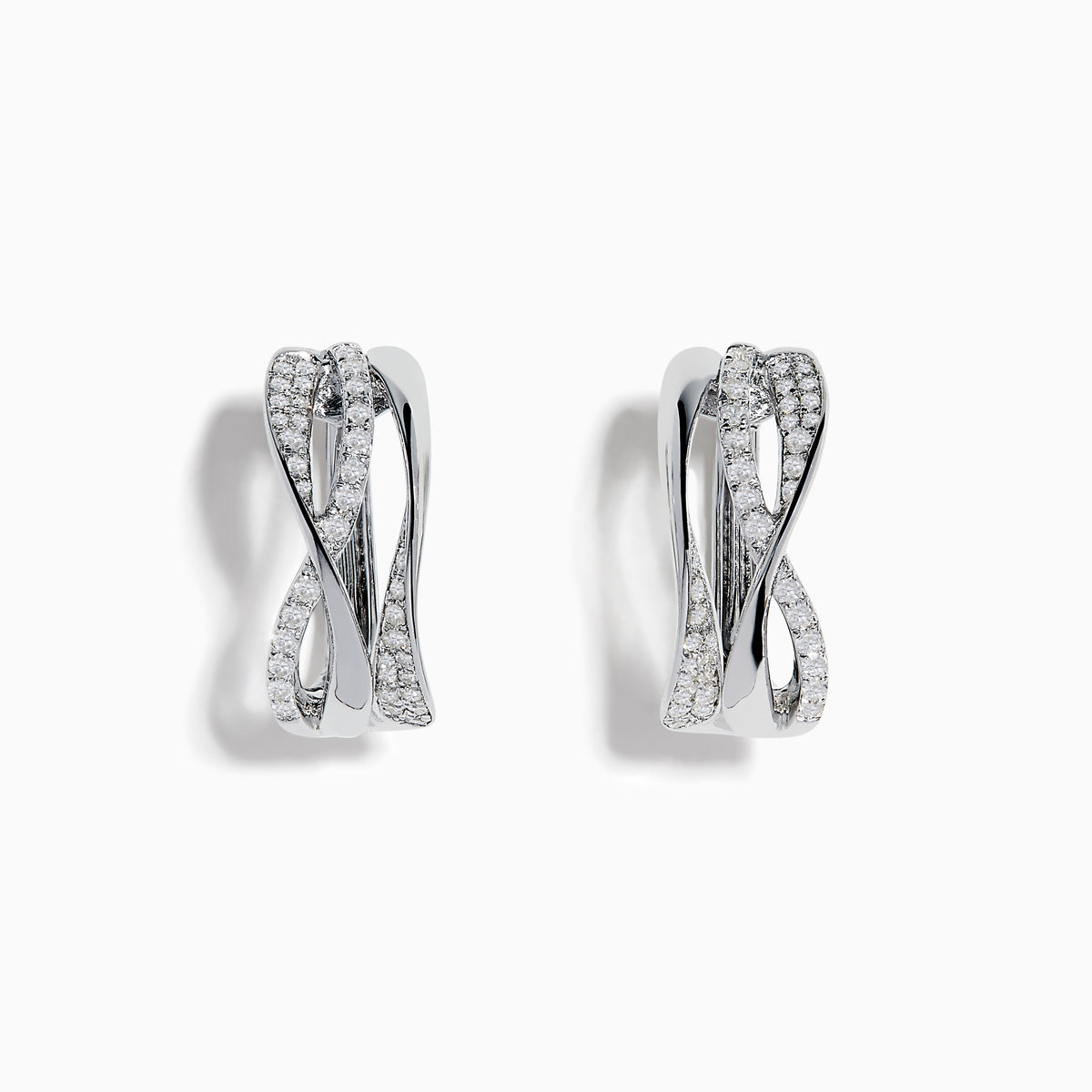 A pair of 925 Silver Diamond Crossover Hoop Earrings featuring an intertwined, twisted design with sparkling diamonds, set against a white background.