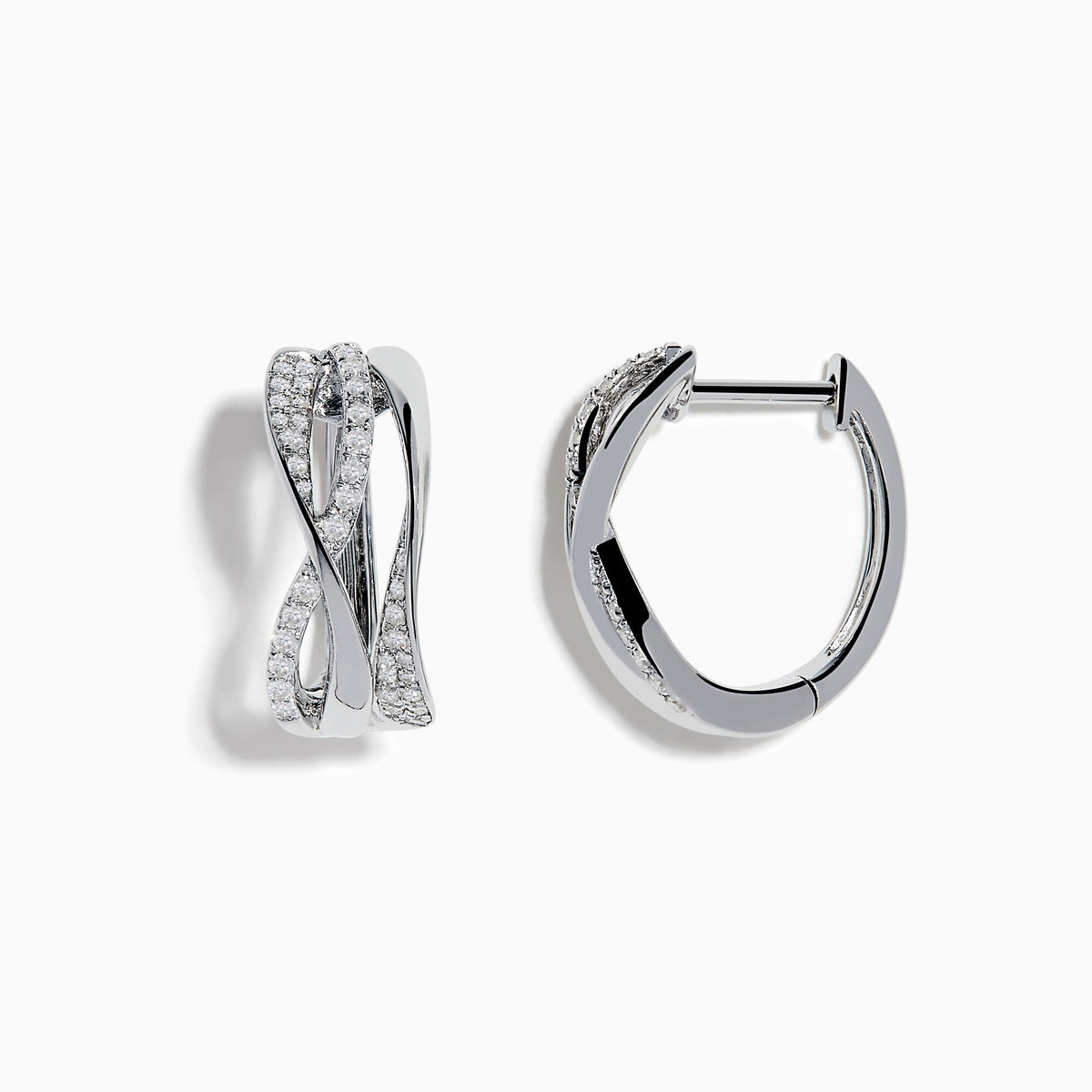 A pair of 925 Silver Diamond Crossover Hoop Earrings featuring an intertwined, twisted design with sparkling diamonds, set against a white background.
