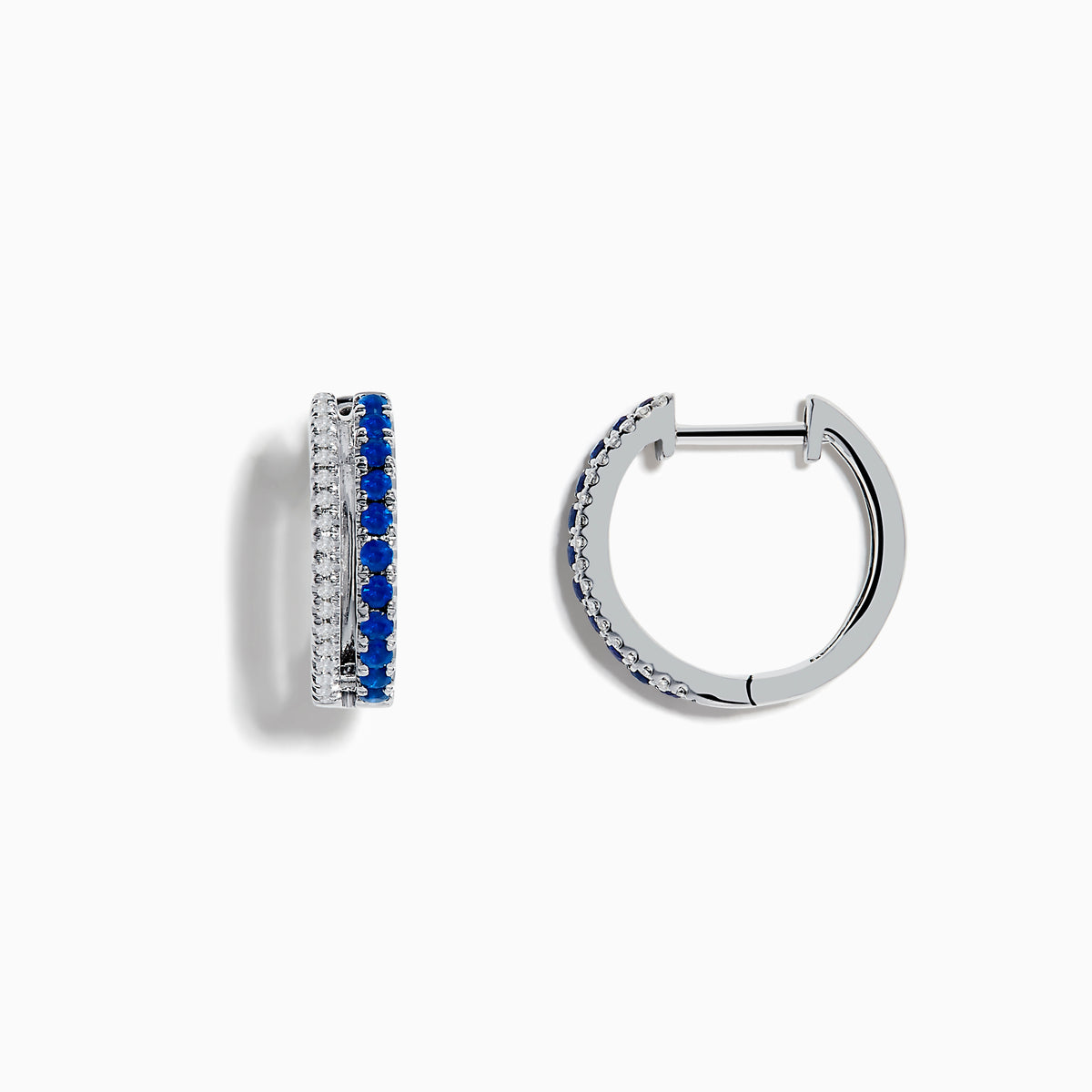 The Royal Bleu 14K White Gold Blue Sapphire and Diamond Huggie Earrings feature a row of blue sapphires bordered by sparkling diamonds on each hoop, shown against a white background.