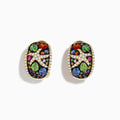 Watercolors 14K Yellow Gold Multi Sapphire and Diamond Starfish Earrings feature vibrant sapphires and sparkling diamonds in unique shapes, with starfish designs set against a white background.