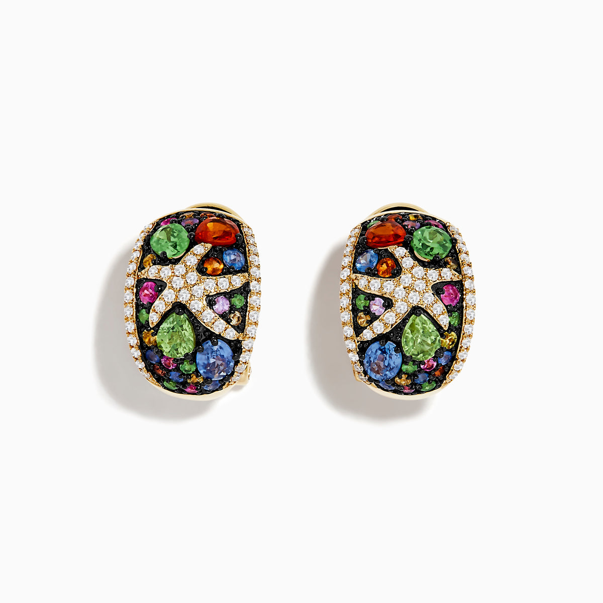 Watercolors 14K Yellow Gold Multi Sapphire and Diamond Starfish Earrings feature vibrant sapphires and sparkling diamonds in unique shapes, with starfish designs set against a white background.