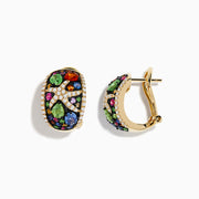 Watercolors 14K Yellow Gold Multi Sapphire and Diamond Starfish Earrings feature vibrant sapphires and sparkling diamonds in unique shapes, with starfish designs set against a white background.
