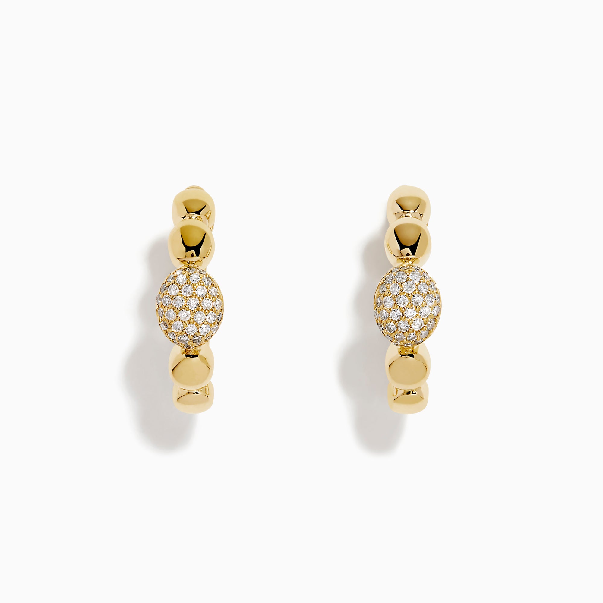 D'Oro 14K Yellow Gold Diamond Earrings feature round beads and a central bead adorned with sparkling white stones, offering a classic twist on diamond earrings. Displayed on a white background.