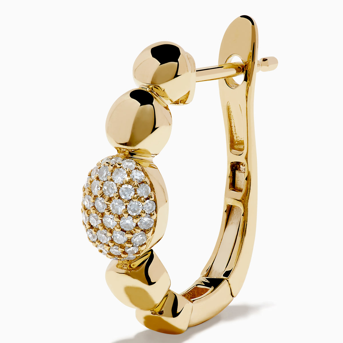 D'Oro 14K Yellow Gold Diamond Earrings feature round beads and a central bead adorned with sparkling white stones, offering a classic twist on diamond earrings. Displayed on a white background.