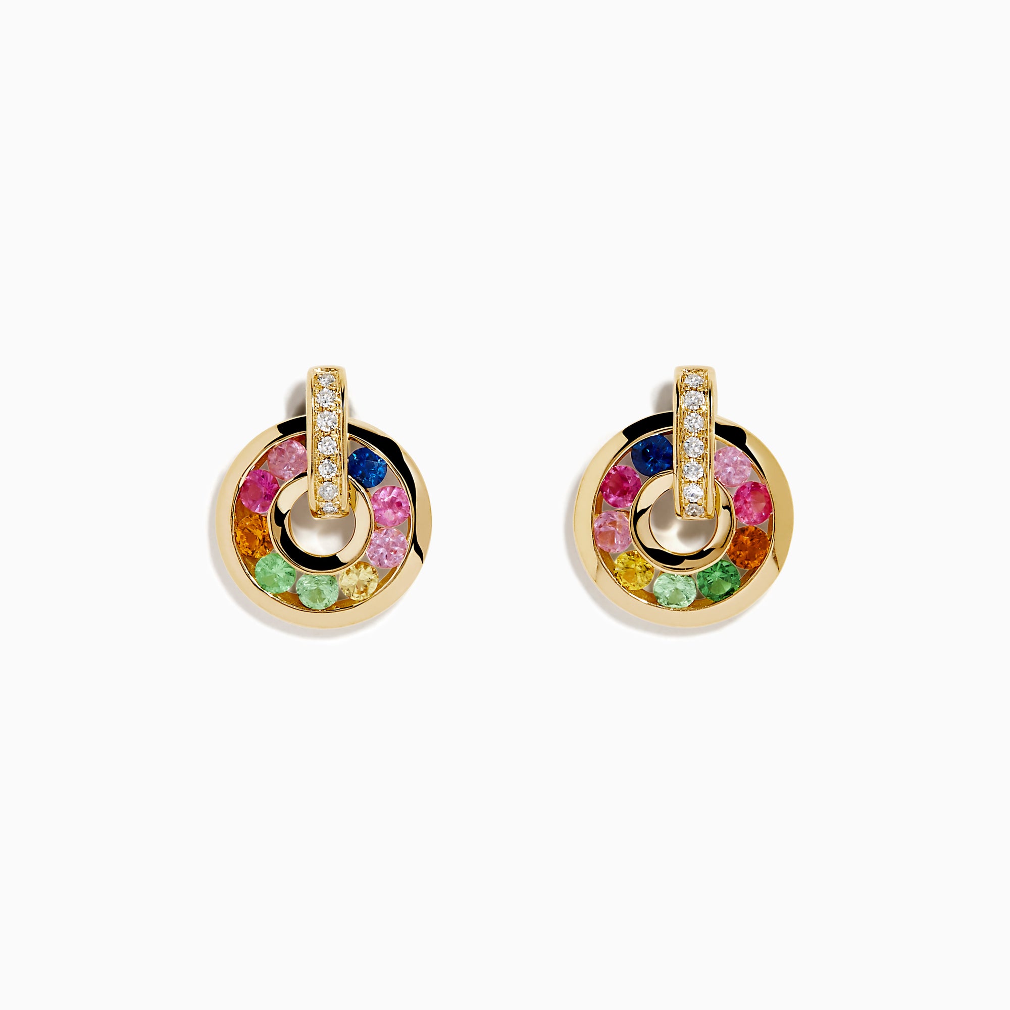 Watercolors 14K Gold Multi Sapphire and Diamond Open Hoop Earrings feature circular open hoops with multicolored sapphires—green, pink, blue, orange, yellow—and a vertical gold bar with sparkling diamonds. Shown on a white background.