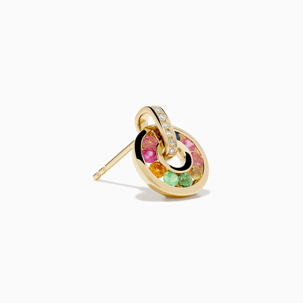 Watercolors 14K Gold Multi Sapphire and Diamond Open Hoop Earrings feature circular open hoops with multicolored sapphires—green, pink, blue, orange, yellow—and a vertical gold bar with sparkling diamonds. Shown on a white background.