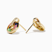 Watercolors 14K Gold Multi Sapphire and Diamond Open Hoop Earrings feature circular open hoops with multicolored sapphires—green, pink, blue, orange, yellow—and a vertical gold bar with sparkling diamonds. Shown on a white background.
