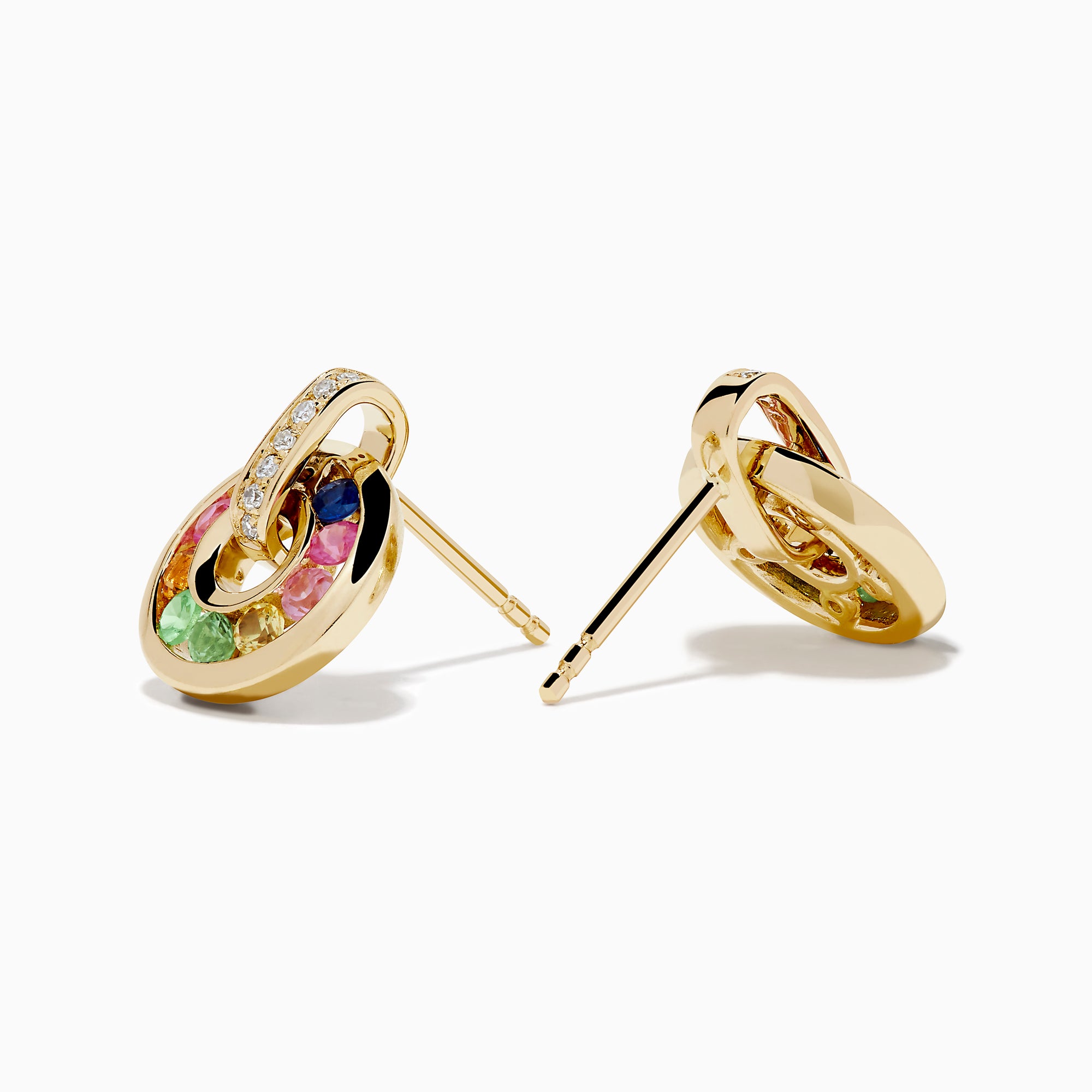 Watercolors 14K Gold Multi Sapphire and Diamond Open Hoop Earrings feature circular open hoops with multicolored sapphires—green, pink, blue, orange, yellow—and a vertical gold bar with sparkling diamonds. Shown on a white background.