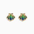 14K Yellow Gold Diamond and Enamel Scallop Shell Stud Earrings featuring blue and green enamel accents and sparkling diamond outlines, shown on a plain white background.