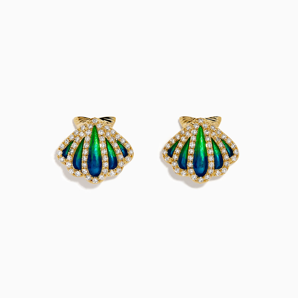 14K Yellow Gold Diamond and Enamel Scallop Shell Stud Earrings featuring blue and green enamel accents and sparkling diamond outlines, shown on a plain white background.