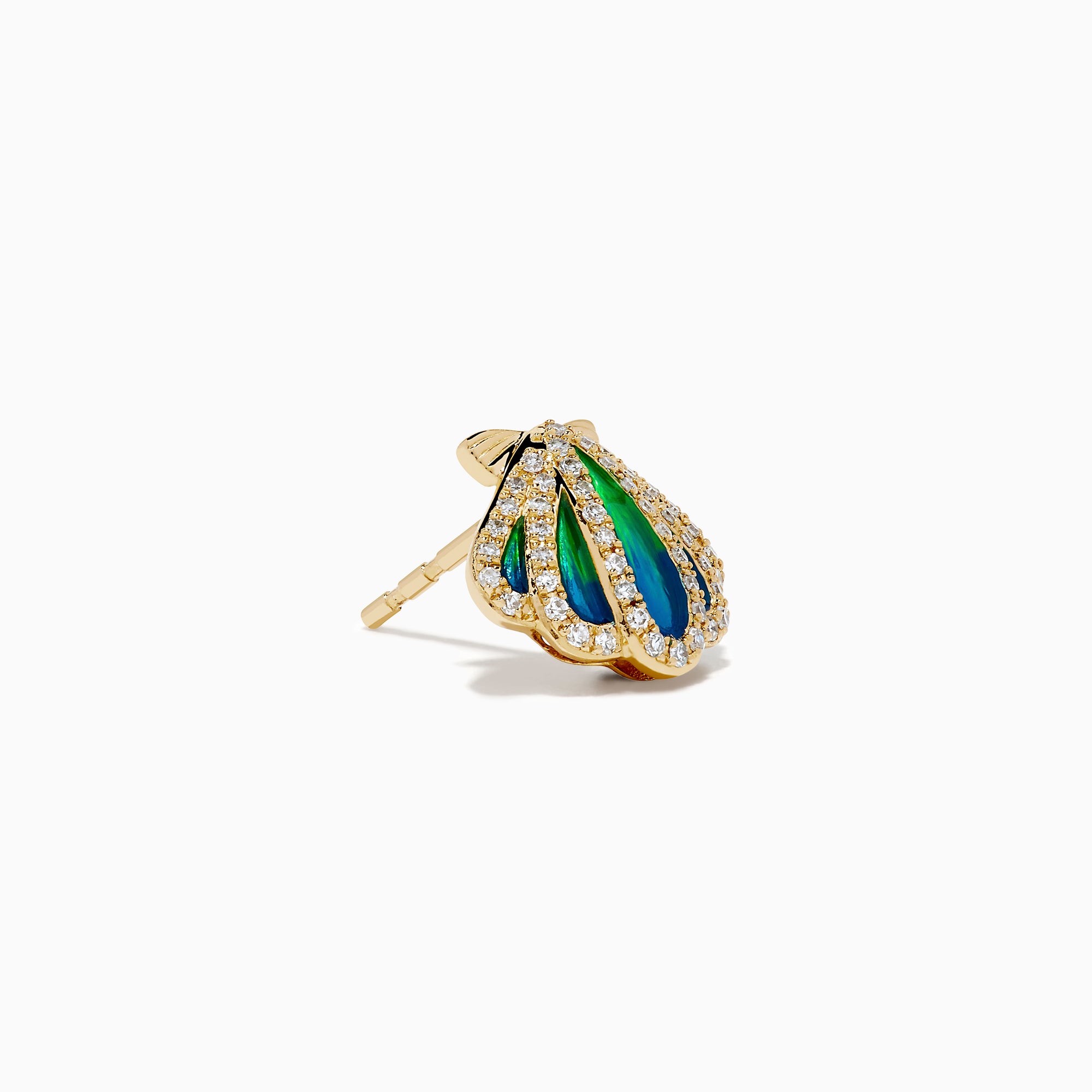 14K Yellow Gold Diamond and Enamel Scallop Shell Stud Earrings featuring blue and green enamel accents and sparkling diamond outlines, shown on a plain white background.