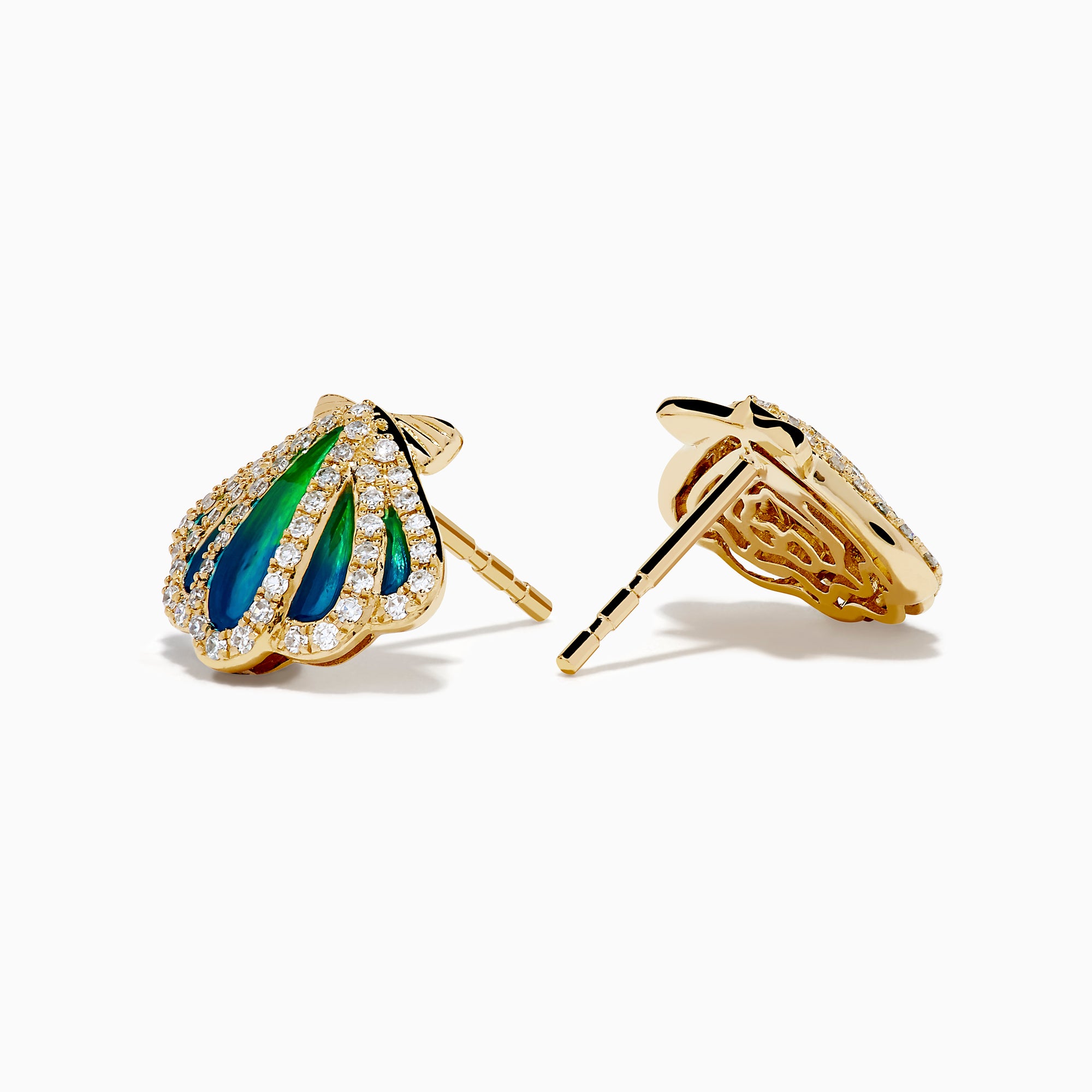 14K Yellow Gold Diamond and Enamel Scallop Shell Stud Earrings featuring blue and green enamel accents and sparkling diamond outlines, shown on a plain white background.
