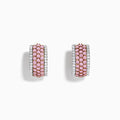 The 14K Two Tone Gold White and Pink Diamond Huggie Earrings feature three rows of small pink gemstones bordered by clear stones on each side, all set in shimmering gold.
