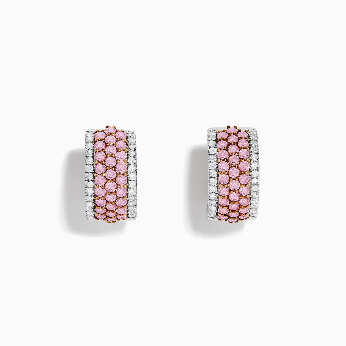 The 14K Two Tone Gold White and Pink Diamond Huggie Earrings feature three rows of small pink gemstones bordered by clear stones on each side, all set in shimmering gold.