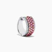 The 14K Two Tone Gold White and Pink Diamond Huggie Earrings feature three rows of small pink gemstones bordered by clear stones on each side, all set in shimmering gold.