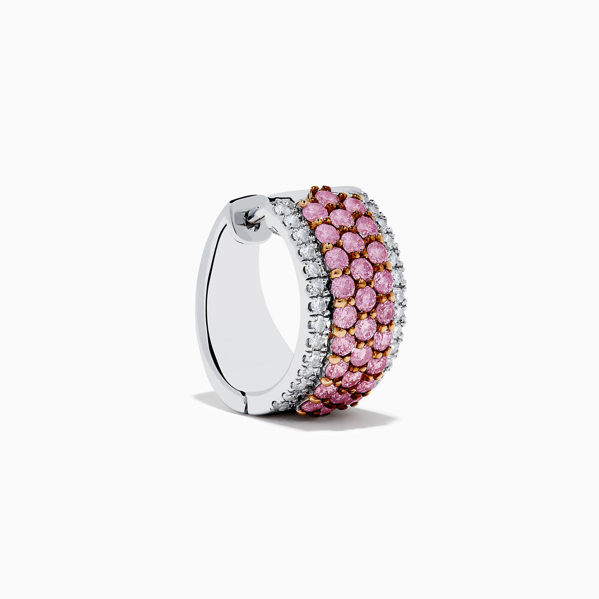 The 14K Two Tone Gold White and Pink Diamond Huggie Earrings feature three rows of small pink gemstones bordered by clear stones on each side, all set in shimmering gold.