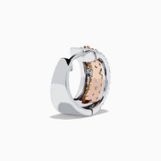 The 14K Two Tone Gold White and Pink Diamond Huggie Earrings feature three rows of small pink gemstones bordered by clear stones on each side, all set in shimmering gold.