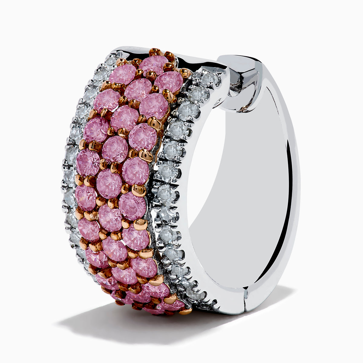 The 14K Two Tone Gold White and Pink Diamond Huggie Earrings feature three rows of small pink gemstones bordered by clear stones on each side, all set in shimmering gold.