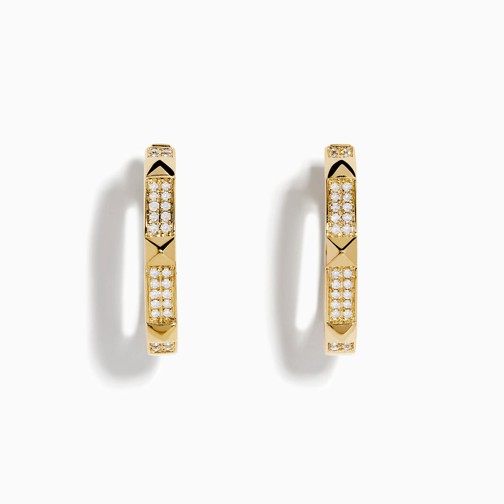 A pair of DOro 14K Yellow Gold Diamond Hoop Earrings, each featuring rectangular segments and diamond clusters, displayed on a white background.