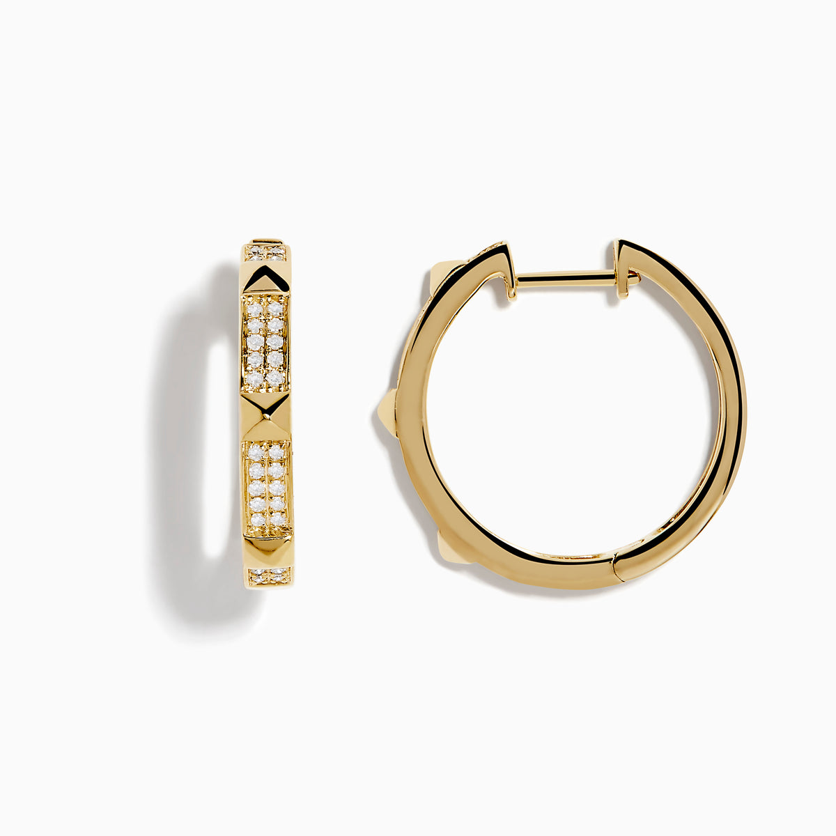 A pair of DOro 14K Yellow Gold Diamond Hoop Earrings, each featuring rectangular segments and diamond clusters, displayed on a white background.