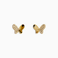The Novelty 14K Yellow Gold Diamond Butterfly Stud Earrings feature one wing with sparkling diamonds and the other in polished gold, all crafted in 14K yellow gold and displayed on a plain white background.