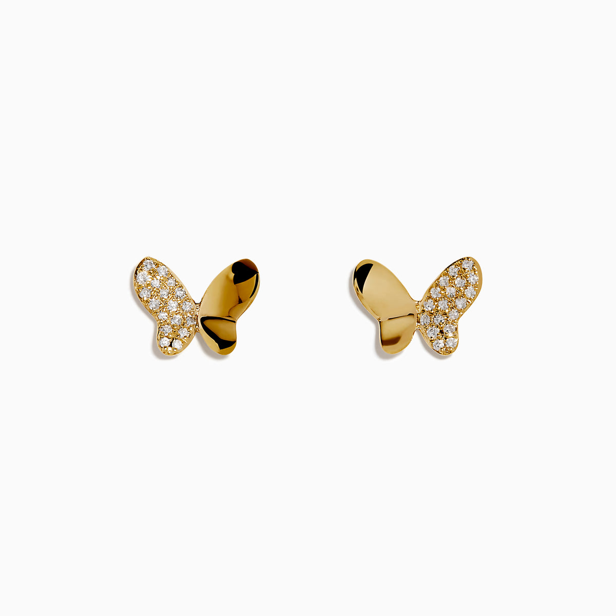 The Novelty 14K Yellow Gold Diamond Butterfly Stud Earrings feature one wing with sparkling diamonds and the other in polished gold, all crafted in 14K yellow gold and displayed on a plain white background.