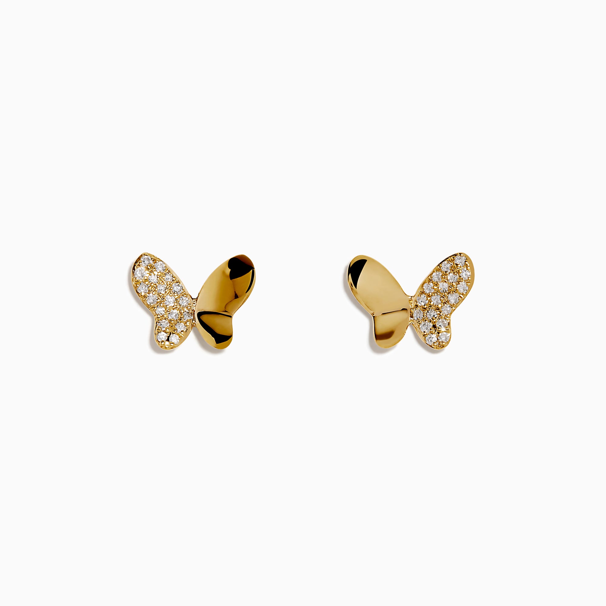 The Novelty 14K Yellow Gold Diamond Butterfly Stud Earrings feature one wing with sparkling diamonds and the other in polished gold, all crafted in 14K yellow gold and displayed on a plain white background.