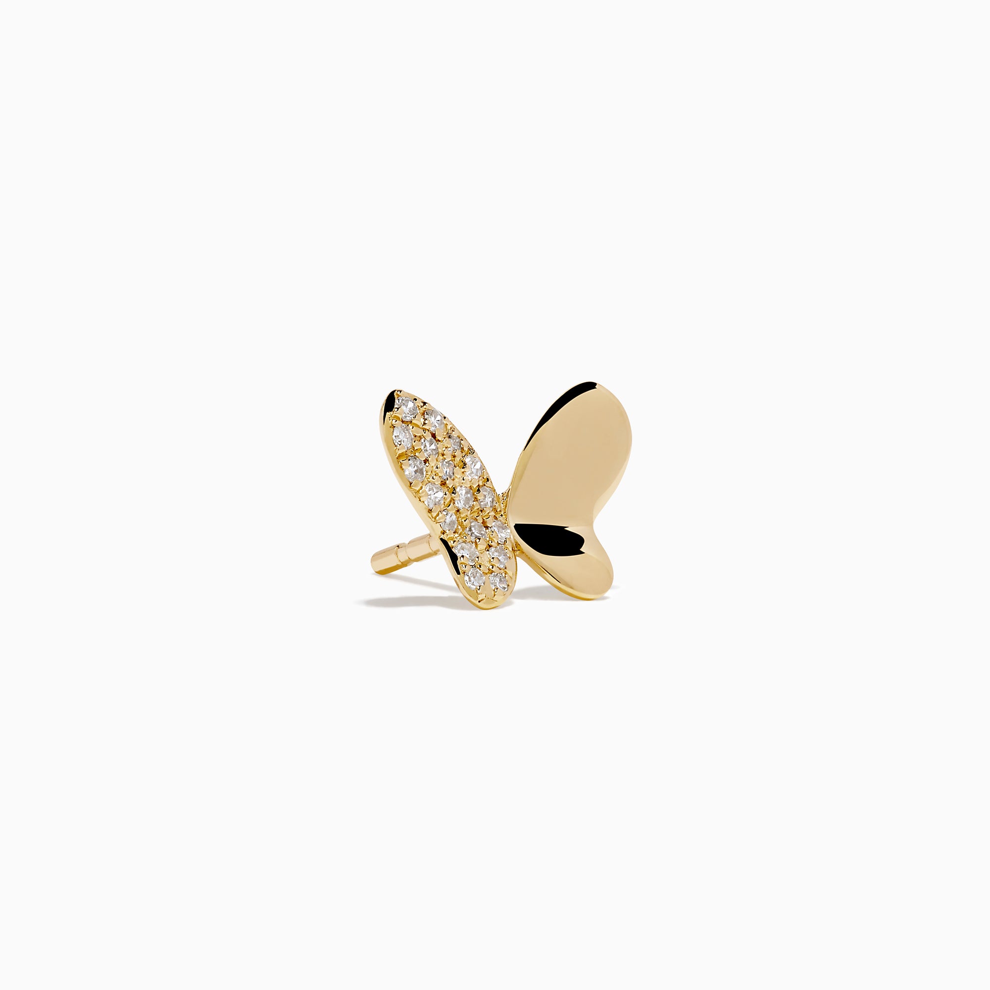 The Novelty 14K Yellow Gold Diamond Butterfly Stud Earrings feature one wing with sparkling diamonds and the other in polished gold, all crafted in 14K yellow gold and displayed on a plain white background.