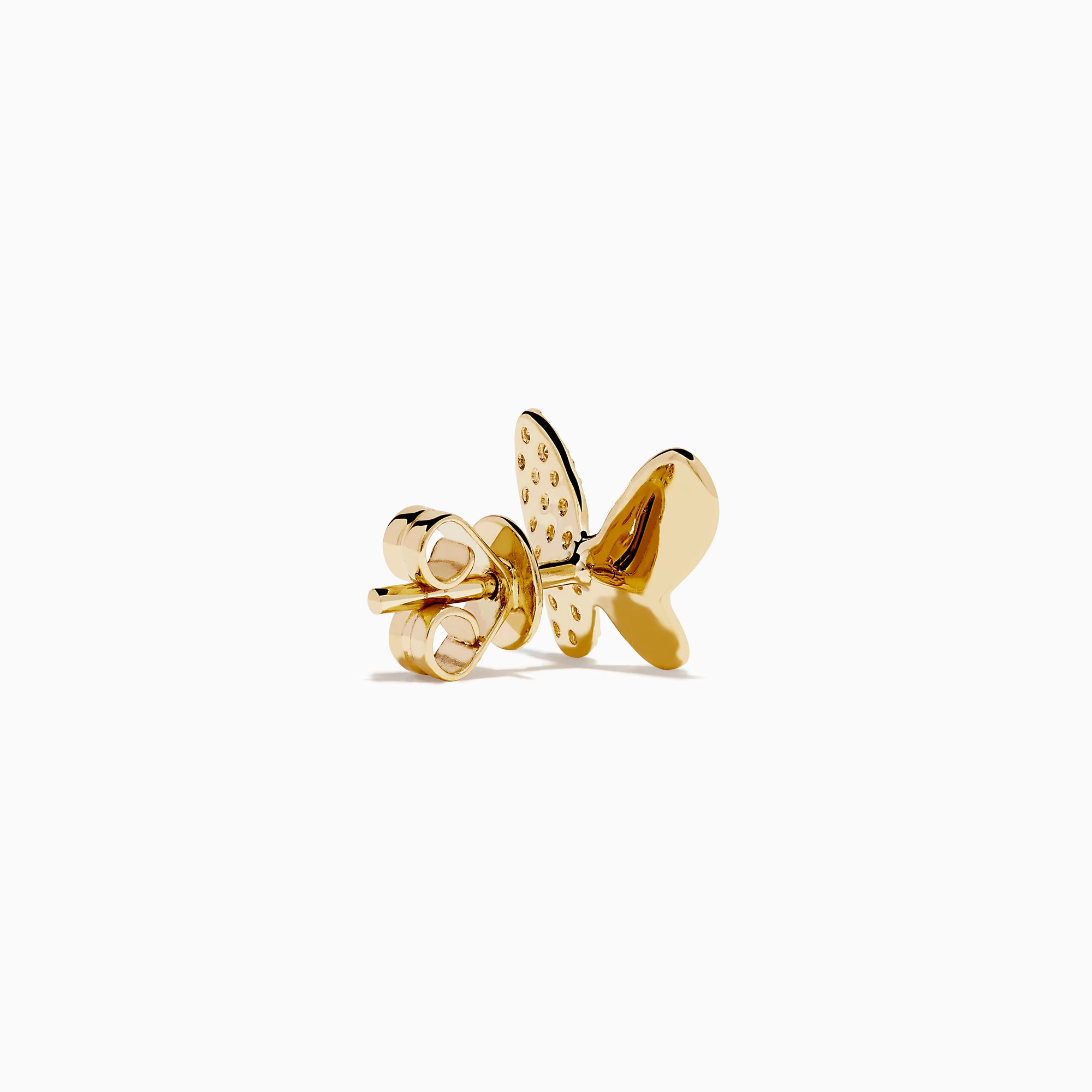 The Novelty 14K Yellow Gold Diamond Butterfly Stud Earrings feature one wing with sparkling diamonds and the other in polished gold, all crafted in 14K yellow gold and displayed on a plain white background.
