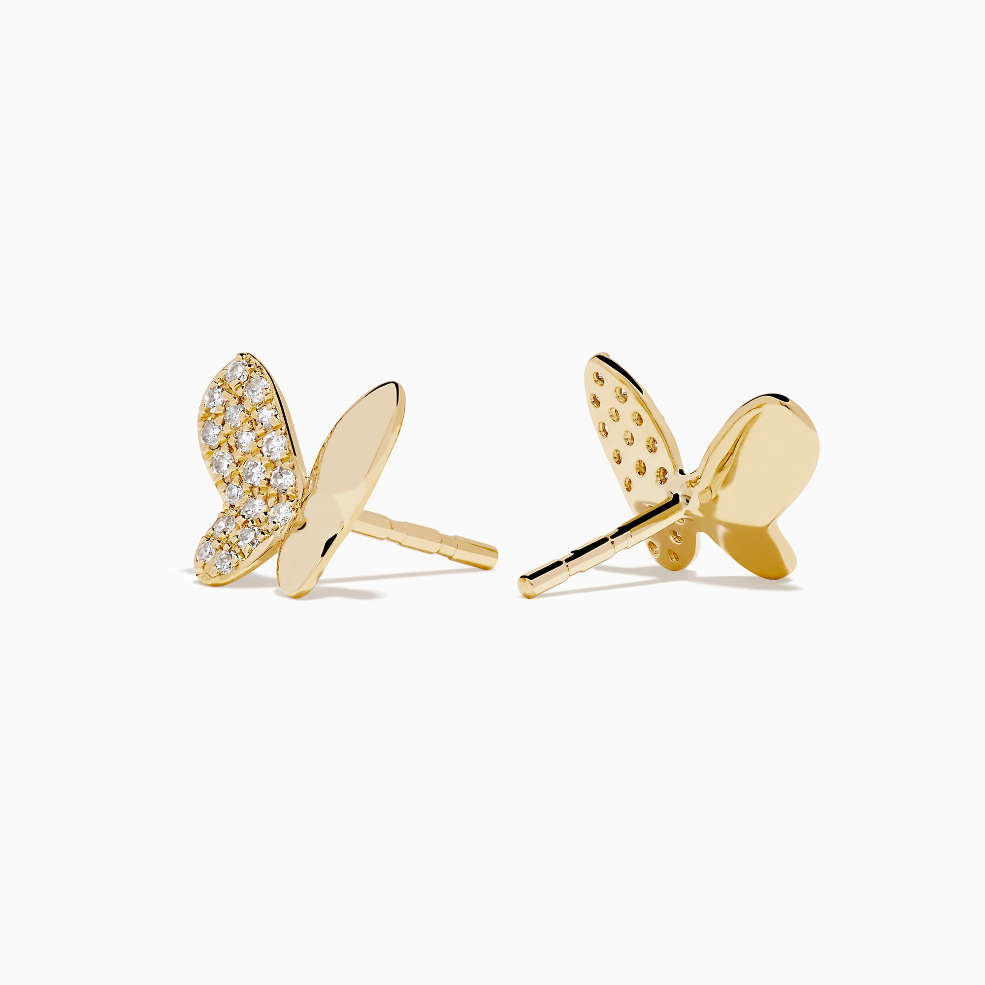 The Novelty 14K Yellow Gold Diamond Butterfly Stud Earrings feature one wing with sparkling diamonds and the other in polished gold, all crafted in 14K yellow gold and displayed on a plain white background.