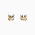 Seaside 14K Yellow Gold White & Black Diamond Crab Earrings, featuring sparkling bodies and striking black eyes, are shaped like crabs and displayed on a white background.