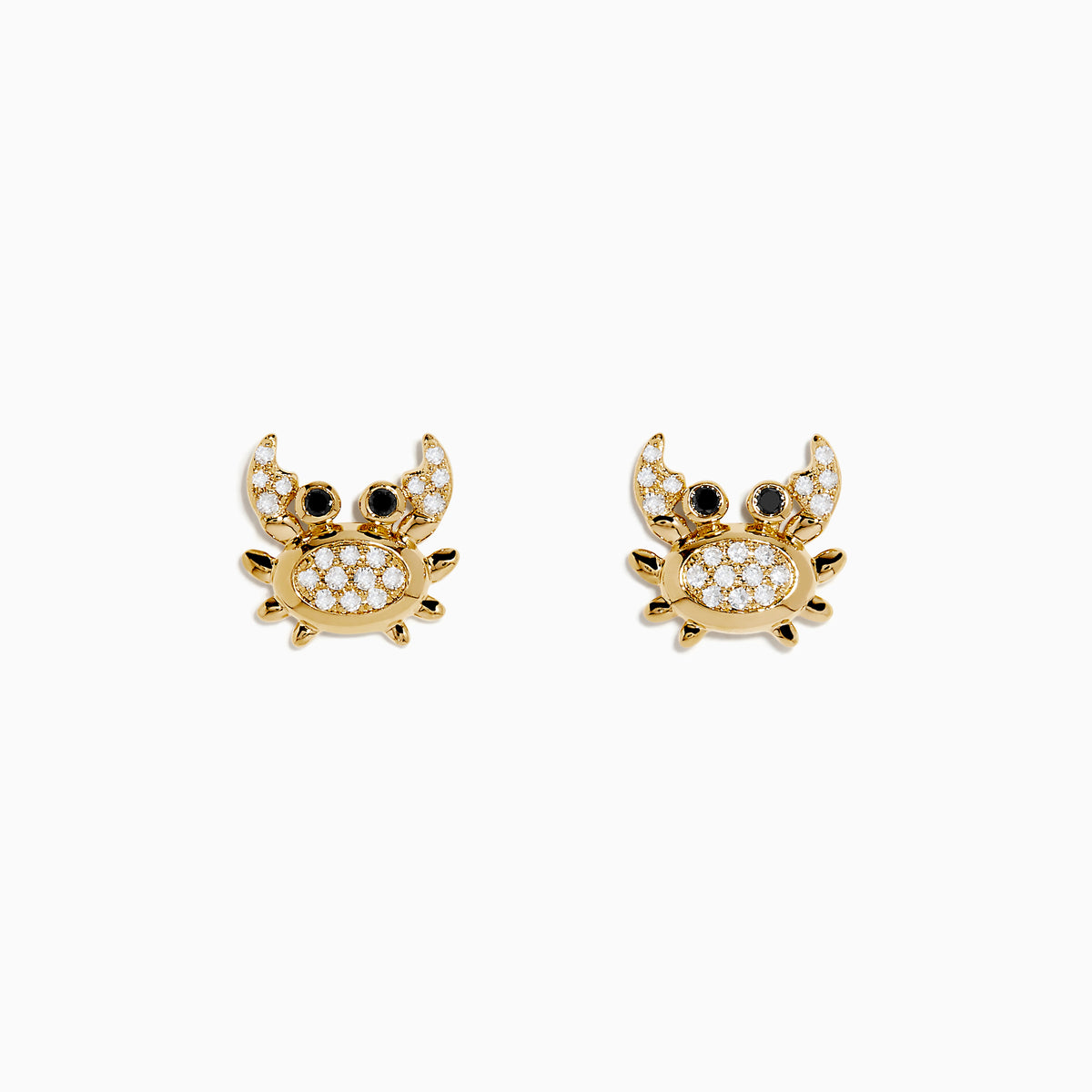 Seaside 14K Yellow Gold White & Black Diamond Crab Earrings, featuring sparkling bodies and striking black eyes, are shaped like crabs and displayed on a white background.