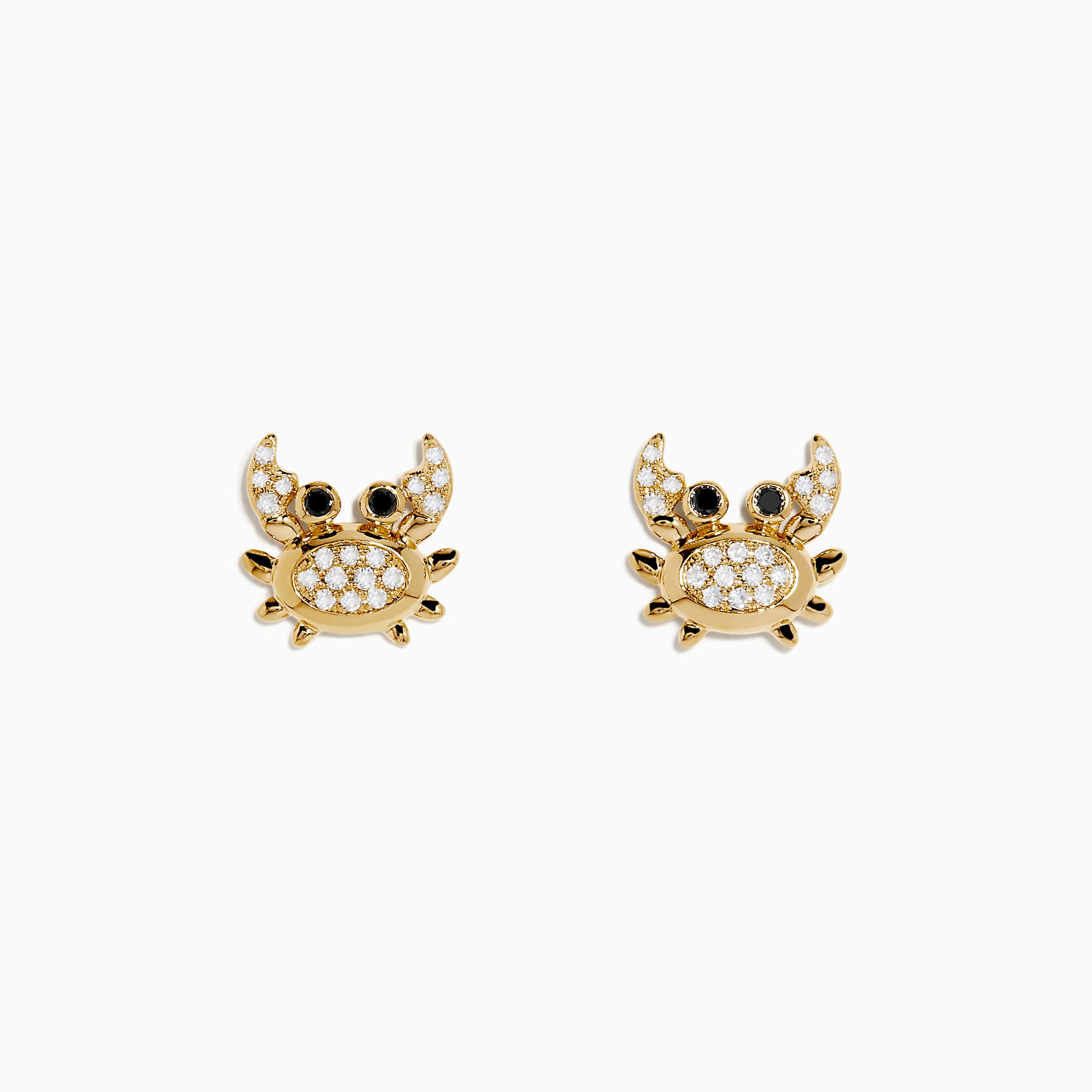 Seaside 14K Yellow Gold White & Black Diamond Crab Earrings, featuring sparkling bodies and striking black eyes, are shaped like crabs and displayed on a white background.