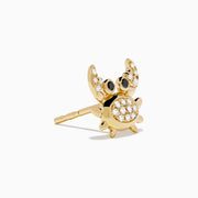 Seaside 14K Yellow Gold White & Black Diamond Crab Earrings, featuring sparkling bodies and striking black eyes, are shaped like crabs and displayed on a white background.