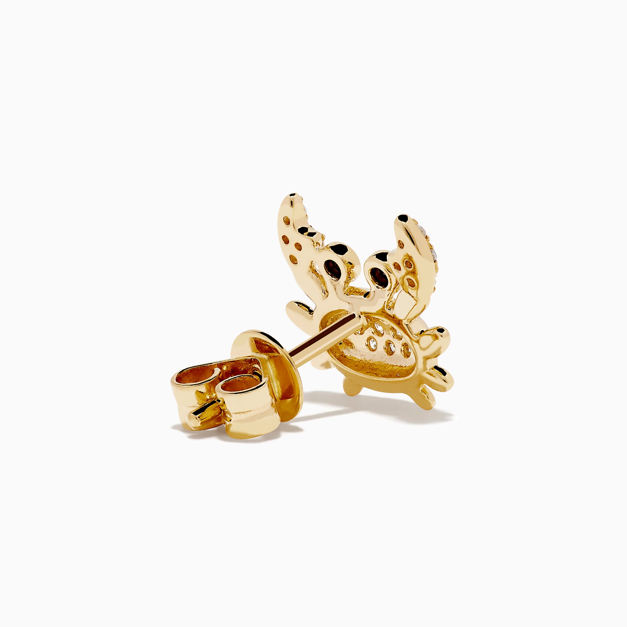 Seaside 14K Yellow Gold White & Black Diamond Crab Earrings, featuring sparkling bodies and striking black eyes, are shaped like crabs and displayed on a white background.