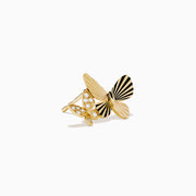 The 14K Yellow Gold Diamond Double Butterfly Stud Earrings feature a larger butterfly with ridged detailing and a smaller, gemstone-adorned butterfly, shown on a white background.