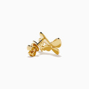 The 14K Yellow Gold Diamond Double Butterfly Stud Earrings feature a larger butterfly with ridged detailing and a smaller, gemstone-adorned butterfly, shown on a white background.
